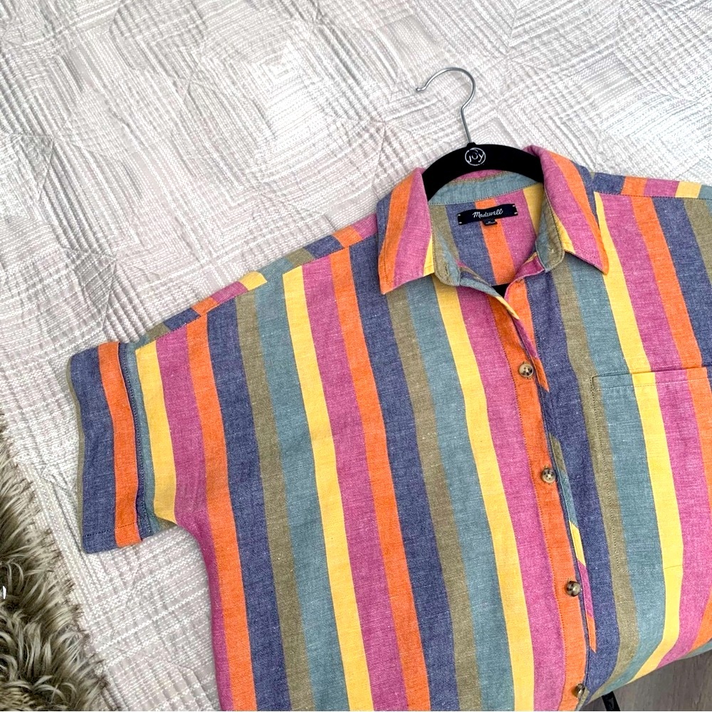 Madewell Rainbow Stripes Dress size Medium Linen Cotton blend Bias Piping
